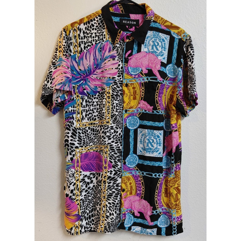 Reason Men's Lg Multicolor Animal Chain Floral Print Short Sleeve Button Shirt